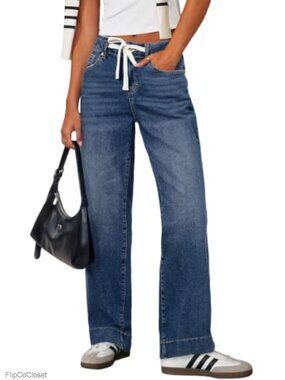 High Waisted Straight Leg Jeans Drawstring Denim Pants